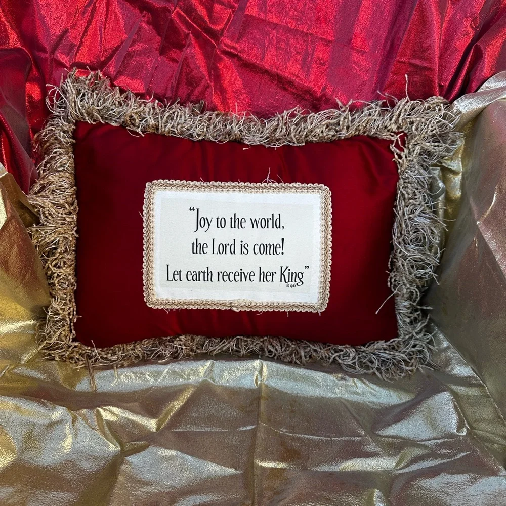 Vintage Red Holiday Pillow w/Gold Fringe ‘Joy to the World, the Lord is come!’